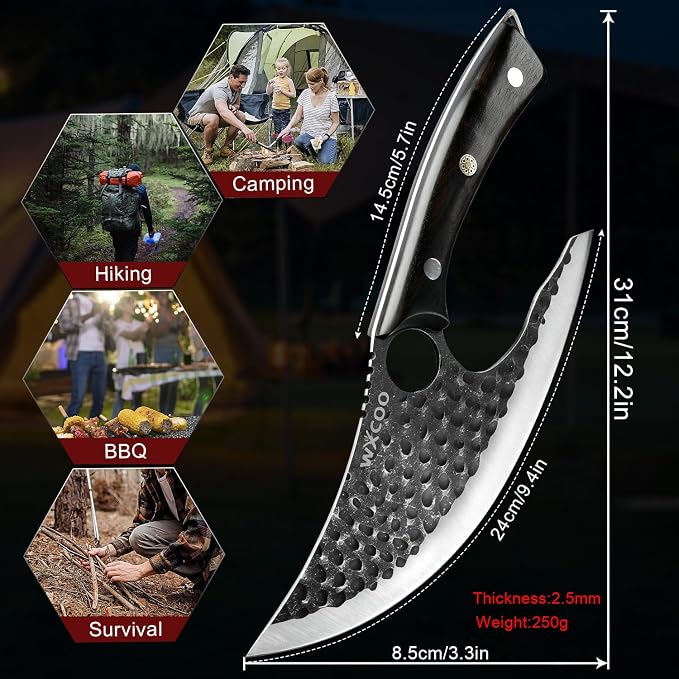 Ulu Knife with Sheath - Ultimate - Hand Forged Caveman Ultimo Knife with Full Tang Ergonomic Wooden Handle & Copper Inlay - BBQ Knives for Vegetables, Fruit, Pizza, and Outdoor Adventures