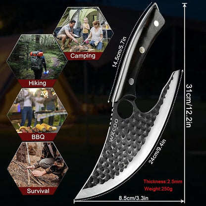 Ulu Knife with Sheath - Ultimate - Hand Forged Caveman Ultimo Knife with Full Tang Ergonomic Wooden Handle & Copper Inlay - BBQ Knives for Vegetables, Fruit, Pizza, and Outdoor Adventures