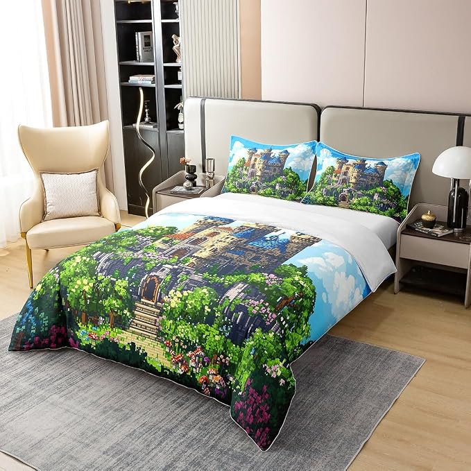 100% Pure Cotton Castle Duvet Cover Set Queen for Kids Boys Vintage Fairy Tale Theme Bedding Set Pixelated Construction Video Games Comforter Cover with 2 Pillowcases,Not Comforter