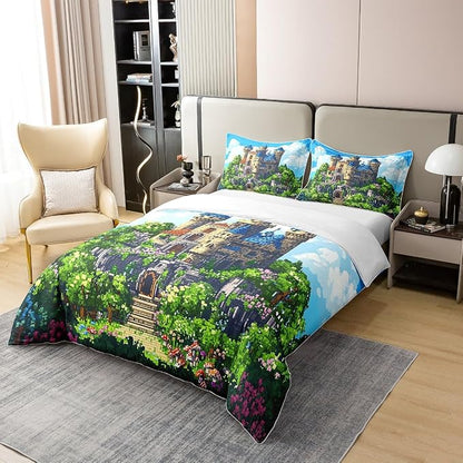 100% Pure Cotton Castle Duvet Cover Set Queen for Kids Boys Vintage Fairy Tale Theme Bedding Set Pixelated Construction Video Games Comforter Cover with 2 Pillowcases,Not Comforter