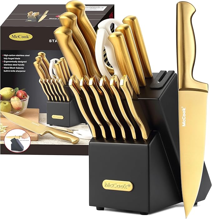 McCook® Knife Sets, Golden Titanium Stainless Steel Kitchen Knife Block Sets with Built-in Sharpener, 15 Piece Knives, Restaurant Grade Sharp, Elegant Gold & Stylish Wooden Block for Modern Culinary