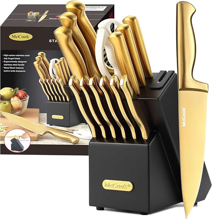 McCook® Knife Sets, Golden Titanium Stainless Steel Kitchen Knife Block Sets with Built-in Sharpener, 15 Piece Knives, Restaurant Grade Sharp, Elegant Gold & Stylish Wooden Block for Modern Culinary
