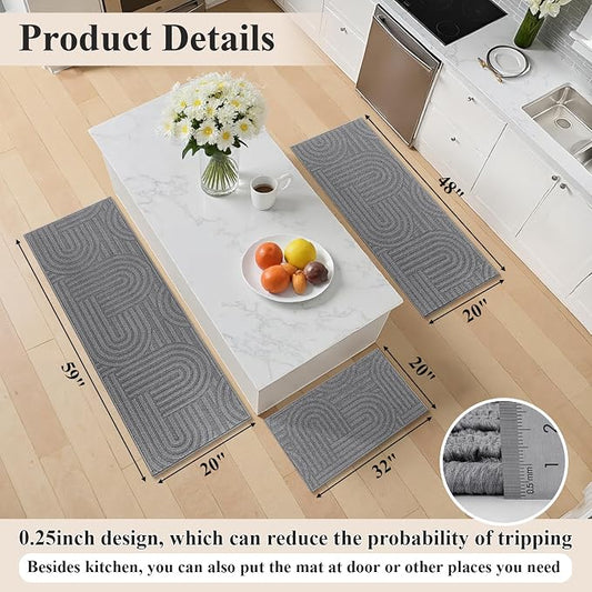 U'Artlines Kitchen Rugs and Mats Set of 3, Non Skid Washable Grey Geometric Kitchen Mats for Floor, Absorbent and Stain Resistant Floor Mat for Laundry, Sink Decor 20x32+20x48+20x59