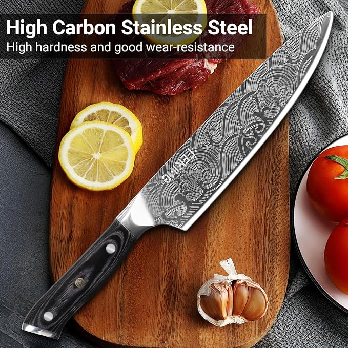 Leking 8 Inch Chef Knife, Kitchen Knife with Sharpener and Finger Guard, Professional High Carbon Stainless Steel Sharp Chef's Knife Set with Ergonomic Handle in Premium Gift Box