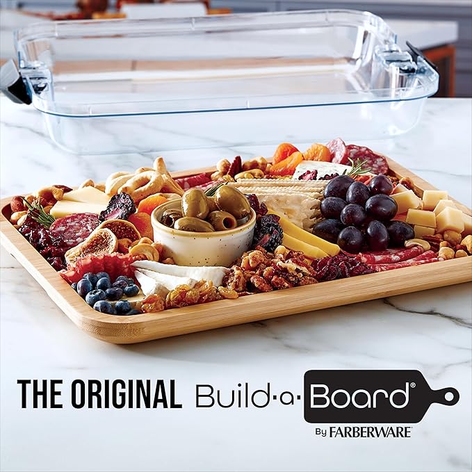Farberware Build-A-Board Bamboo Cutting Board with Built-In Compartments & Clear Locking Lid, Black Handles, Charcuterie, Snack Tray, Food Prep and Serving Platter
