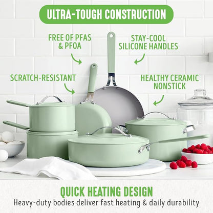 GreenLife 10-Piece Nonstick Ceramic Cookware Set, Lightweight Healthy PFAS-Free Pots & Pans with Lids, Dishwasher & Oven Safe, Durable Body, Silicone Stay-Cool Handles, Easy Release, Sage Green