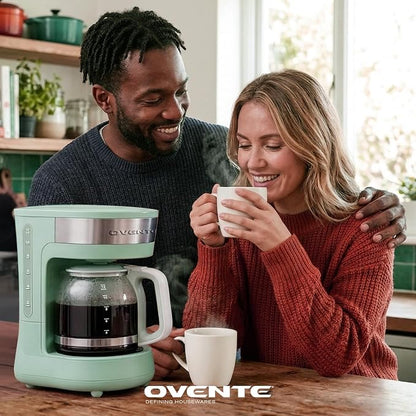 OVENTE 12-Cup Drip Coffee Maker with Borosilicate Glass Carafe, One-Touch Operation Machine, Anti-Drip System, Reusable Filter and Clear View Water Gauge, Ideal for Home or Office, Light Teal CM412LBL