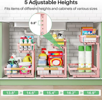 Kitstorack Under Sink Organizer, 2 Tier Under the Sink Storage, Slide out Pull out Cabinet Organizer Shelf, Metal Sliding Drawer for Kitchen Bathroom Pantry Closet Organization Rack, Pink, 1 Pack
