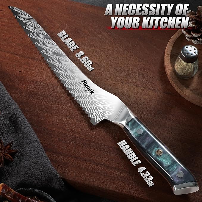 Huusk Serrated Bread Knife 8", Stainless Sourdough Bread Knife with Resin Handle & Cover for Homemade Breads Slicing, Hand Sharpened Breads Cutting Knives for Cake, Bagels, Baguettes, Gift Box