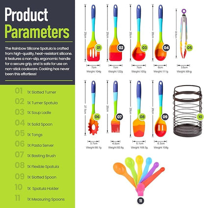 11-Piece Rainbow Silicone Spatula Bundle with Holder & Measuring Spoons – Multicolor Heat-Resistant Cooking Utensils for Nonstick Cookware – Flexible Turner, Spoon, Spatula, Brush, FDA Safe