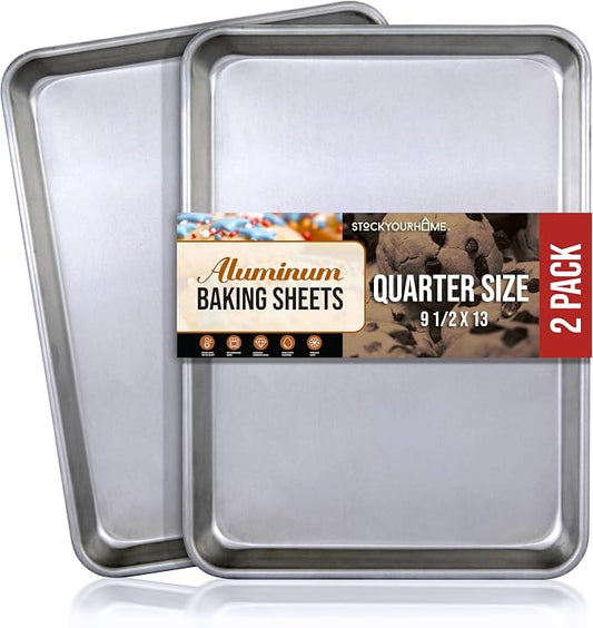 Aluminum 9x13 Baking Sheet Pan (2 Pack), Commercial Quarter Size Rimmed Baking Pans for Oven, Freezer, & Bun Racks, Heavy Duty Baking Sheet Cake Pan, Large Cookie Sheets for Baking & Cooking
