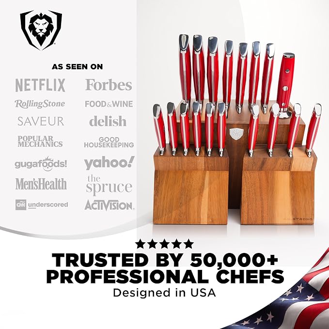 Dalstrong 18-Piece Gladiator Colossal Knife Block Set (Red Handles) — German High-Carbon Steel, Full-Tang, Hand-Sharpened — For Home Chefs, Wedding Registries & Serious Kitchens — Acacia Block, NSF