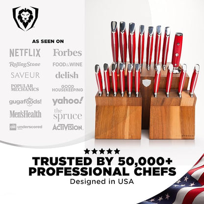 Dalstrong 18-Piece Gladiator Colossal Knife Block Set (Red Handles) — German High-Carbon Steel, Full-Tang, Hand-Sharpened — For Home Chefs, Wedding Registries & Serious Kitchens — Acacia Block, NSF