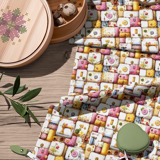 Vintage Sewing Notions Patchwork Cotton Fabric Panel 61 x 36.6 Inches, Buttons & Threads Quilt Print, Soft Pastel Multicolor Tones, 100% Cotton 140 GSM