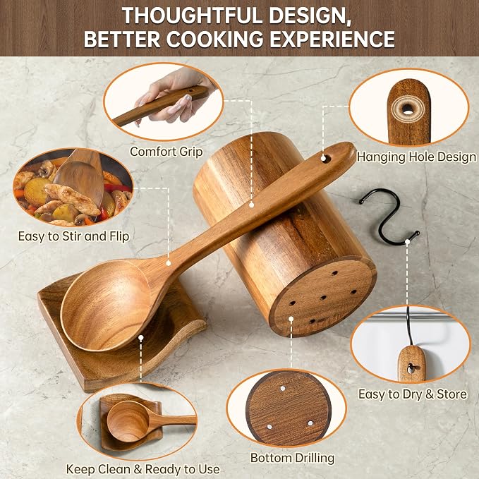 Wooden Utensil Set 12 PCS - Natural Non-Toxic Acacia Wooden Spoons for Cooking, Nonstick, Sturdy, Easy to Clean, Wood Kitchen Utensils Set with Holder, Spoon Rest & 6 Hooks, Ideal for Gifting