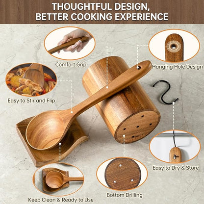 Wooden Utensil Set 12 PCS - Natural Non-Toxic Acacia Wooden Spoons for Cooking, Nonstick, Sturdy, Easy to Clean, Wood Kitchen Utensils Set with Holder, Spoon Rest & 6 Hooks, Ideal for Gifting