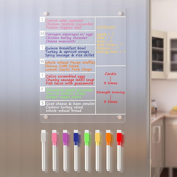Neatsure Acrylic Magnetic Meal Planner Menu Board for Kitchen Fridge w/ 8 Markers, Clear Refrigerator Weekly Dry Erase Calendar Planning Noteboard to Do/Grocery/Shopping List/Chore Chart/, 12"x9"