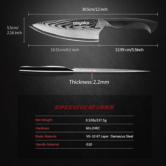 aisyoko Damascus 6.5" Chef Knife Sharp Kitchen Knife Japan VG-10 Stainless Steel Carbon Ultra Sharp Kitchen Cooking Knife, Ergonomic G10 Handle Deluxe Gift Box