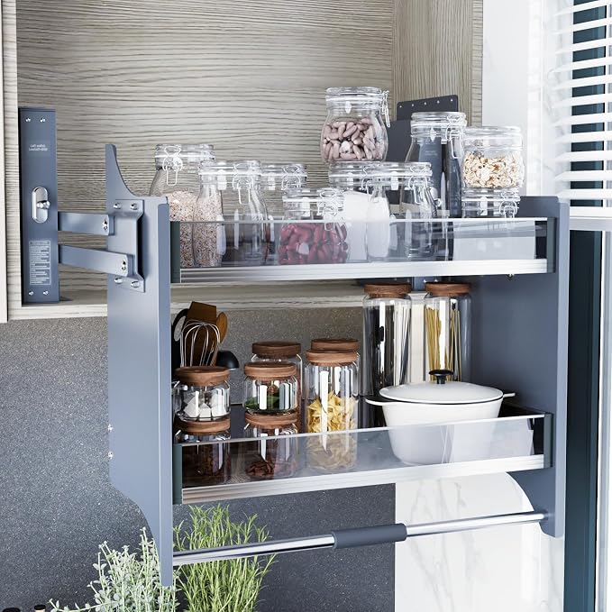 Pull Down Shelf Organizer, 22''~24'', Grey | Heavy Duty, Kitchen Upper Cabinet, 2-Tier, Adjustable Width, for Kitchen Upper Cabinet
