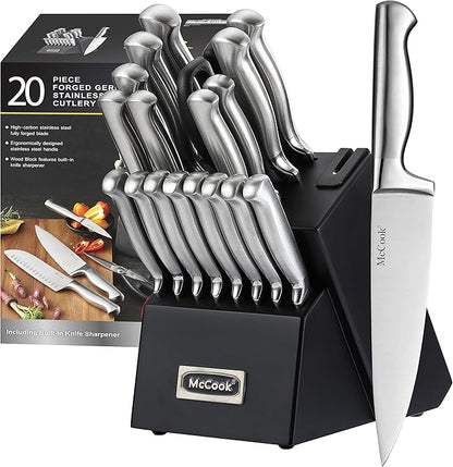 McCook® Knife Sets,German Stainless Steel Kitchen Knives Block Set with Built-in Sharpener, 20 Piece Razor-Sharp Kitchen Knives, Anti-Rust, Ergonomic Design, Elegant Box for Gift