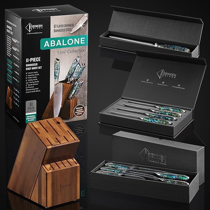 SENKEN 11-Piece Damascus Knife Block Set with Abalone Shell Handle - "Umi" Collection Japanese Chef Knife Set - 67-Layer Japanese VG10 Steel, Chef's Knife, Santoku, Paring, 4 Steak Knives & More