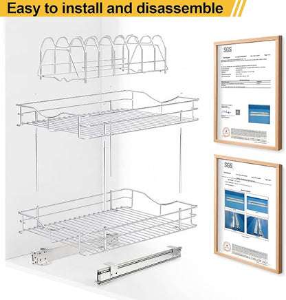 FULGENTE Professional Pull Out Cabinet Organizer Rack for Lid Cookware 14" W x 18" D 2 Tier Slide Out Kitchen Cupboard Under Sink Shelves Storage Pullout Pan Pot Organizer Wire Frame Chrome Finish