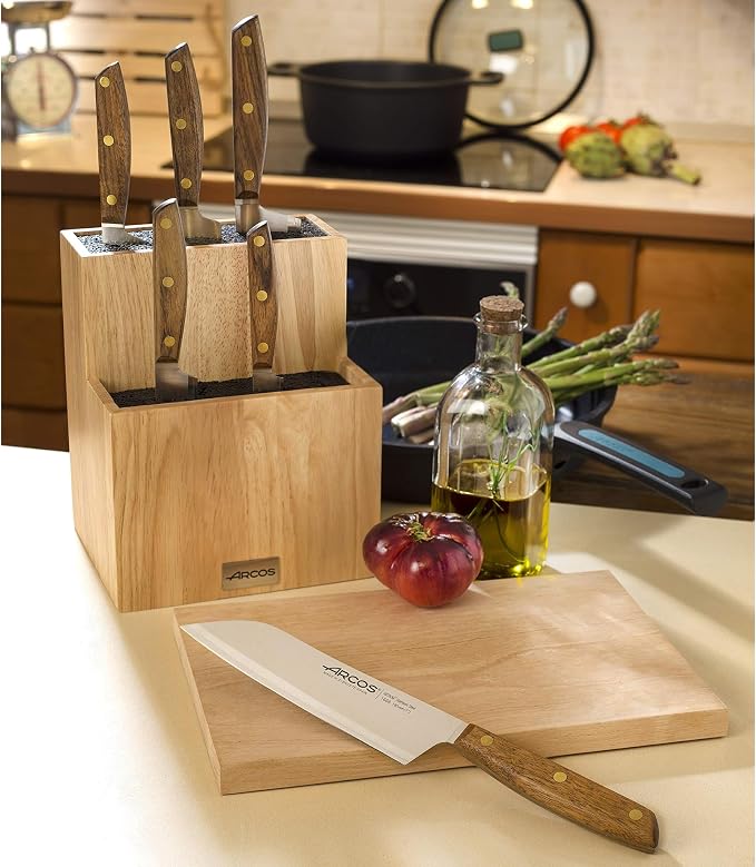 Arcos Santoku Knife 7 Inch Stainless Steel. Japanese Kitchen Knife for Fish, Meat and Vegetables. Ovengkol Wood Handle 100% natural FSC and 190mm Blade. Series Nordika. Color Brown.