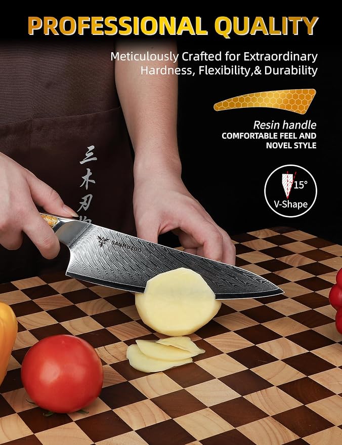 8 inch Chef Knife, Japanese VG-10 Damascus Steel Kitchen Knife, Ultra Sharp Cooking Knife with Full-tang Handle in Yellow Resin, LA-S9 Series