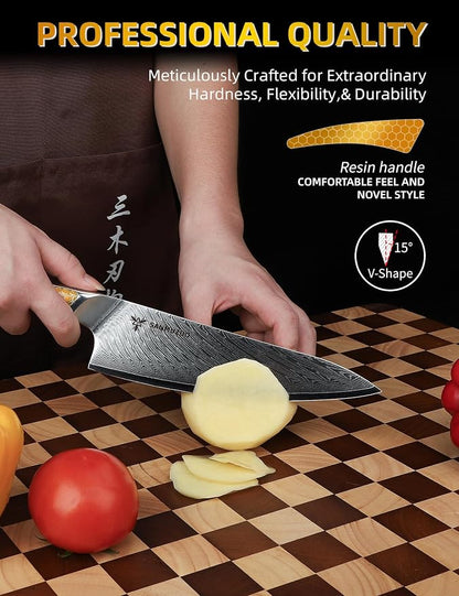 8 inch Chef Knife, Japanese VG-10 Damascus Steel Kitchen Knife, Ultra Sharp Cooking Knife with Full-tang Handle in Yellow Resin, LA-S9 Series