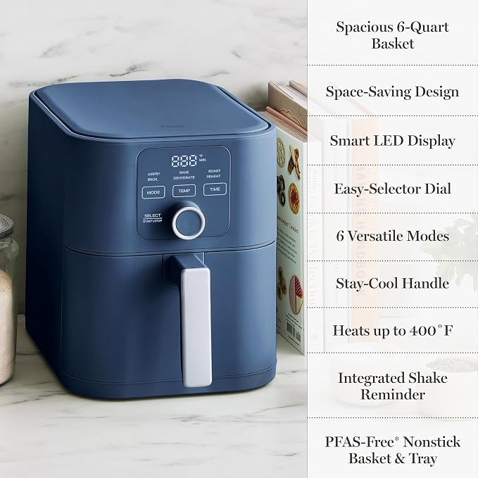 Martha Stewart 6QT Air Fryer, 6-in-1, Bake, Broil, Roast, Air Fry, Dehydrate, Reheat, Ceramic Non-Stick Basket, Crispy Results Fast, 400°F Max Temp, Shake Reminder, Indigo Blue
