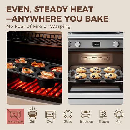 HONGBAKE Everline Collection Cast Iron Muffin Pans, Non toxic Uncoated 6-Cup Muffin Tins, Non-Stick Pre-Seasoned Cupcake Tray Pan Set for Baking, Oven & Stovetop Safe, Standard Size, 2 Pack