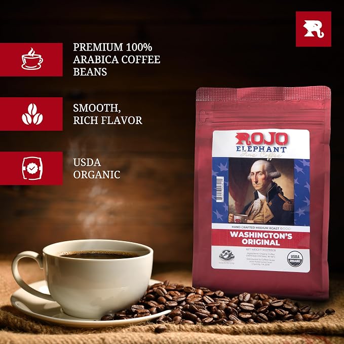 Rojo Elephant Caffeinated Ground Coffee, Single Origin Arabica Beans, Naturally Low Acid, Premium Ground Coffee (11 oz Bag) (Medium Roast - Washington's Original)