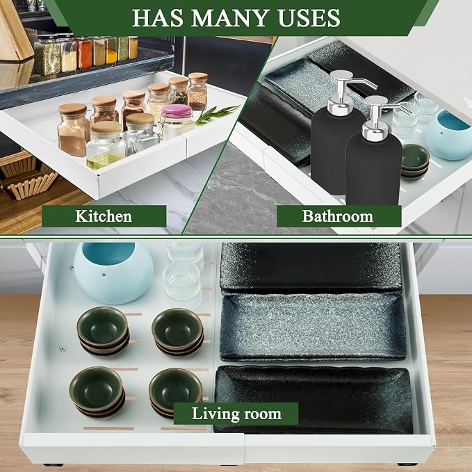Expandable Cabinet Organizer - Quiet Sliding Pull Out Shelves 12.6"-20.5" for Kitchen (White)