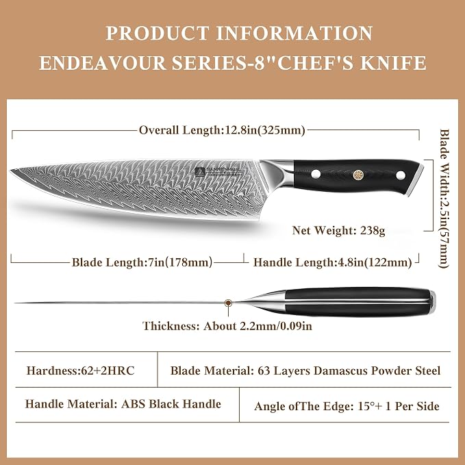 Damascus Chef Knife 8 inch, 67-Layer High Carbon Steel Kitchen Knife Ultra Sharp Japanese Chef Knives, Professional Kitchen Chef's Knife, with G10 Ergonomic Handle/Gift Box