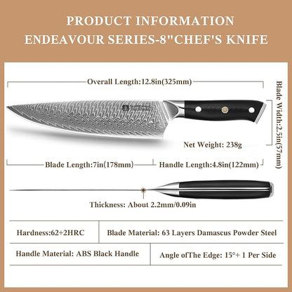 Damascus Chef Knife 8 inch, 67-Layer High Carbon Steel Kitchen Knife Ultra Sharp Japanese Chef Knives, Professional Kitchen Chef's Knife, with G10 Ergonomic Handle/Gift Box