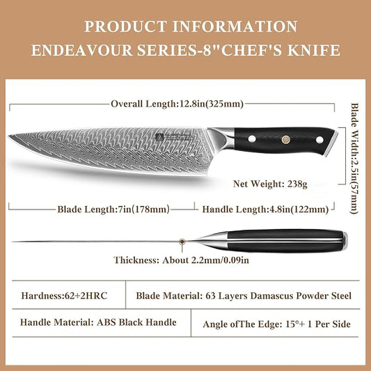 Damascus Chef Knife 8 inch, 67-Layer High Carbon Steel Kitchen Knife Ultra Sharp Japanese Chef Knives, Professional Kitchen Chef's Knife, with G10 Ergonomic Handle/Gift Box