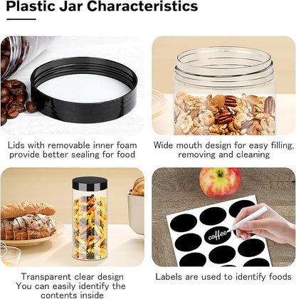 SLifeJars Plastic Jar with Lids 16oz Clear Empty Containers 16Pcs Straight Cylinders Storage Jars with Airtight Black Lid Stackable Refillable Round Plastic Jars for Kitchen Food & Home Storage
