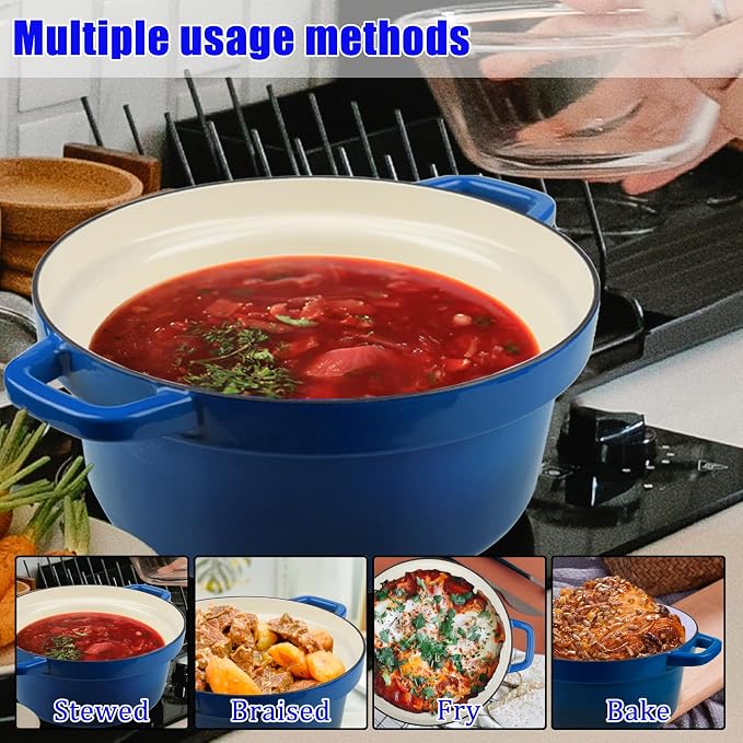 CUKOR 7QT Dutch Oven Pot With Lid, Enameled Cast Iron Dutch Ovens for Sourdough Bread Baking, Non-Stick Ceramic Dutch Oven Cooking Pot, Oven Safe, Blue (10 Pcs Bread Paper Liners)