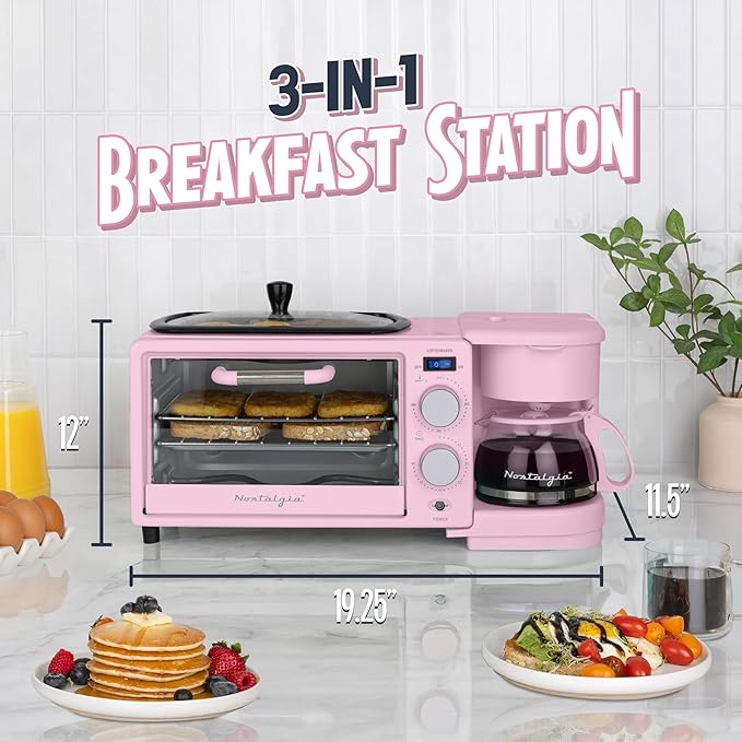 Nostalgia 3-in-1 Retro Breakfast Station - Includes 5 (4 Oz) Cup Coffee Maker, Non-Stick Ceramic Griddle, and 4-Slice Toaster Oven - Built-In Timer, Reusable Coffee Filter, Space-Saving Design - Pink