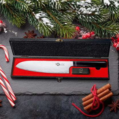 MITSUMOTO SAKARI Santoku Chef Knife 7 Inch, Japanese VG-10 Hand Forged Kitchen Knife for Meat & Vegetables, G10 Handle with Sandalwood Box