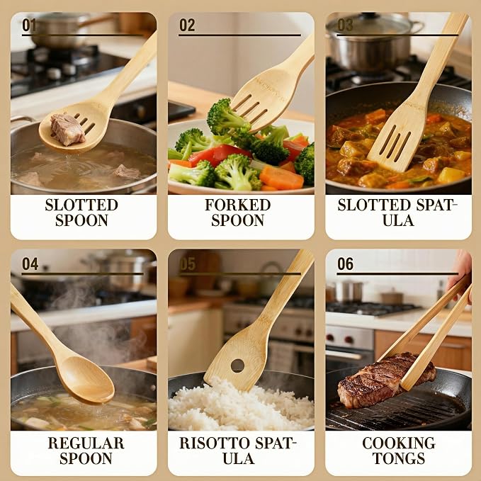 Bamboo Cooking Utensils 8-Piece, Wooden Kitchen Tools with Holder, Non-Toxic Natural Spatula & Spoon Kit with Turner, Slotted Spoon, Ladle, Tongs & Salad Fork