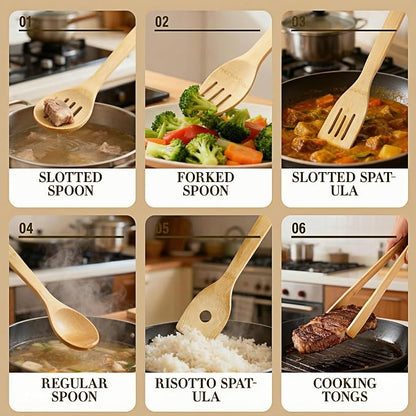Bamboo Cooking Utensils 8-Piece, Wooden Kitchen Tools with Holder, Non-Toxic Natural Spatula & Spoon Kit with Turner, Slotted Spoon, Ladle, Tongs & Salad Fork