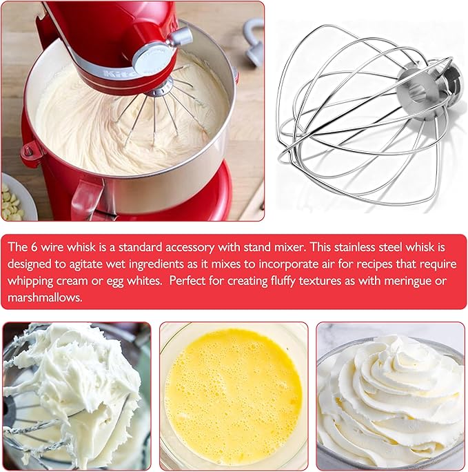 Stainless Steel Mixer Bowl and KN256 Whisk for Kitchenaid 6-7 Qt Bowl Lift Stand Mixer, Fit for KP26, KL26, KSM55/60/70 Ergonomic Handle, Polishesd Surface, Heavy Duty, with Scraper, Dishwasher Safe