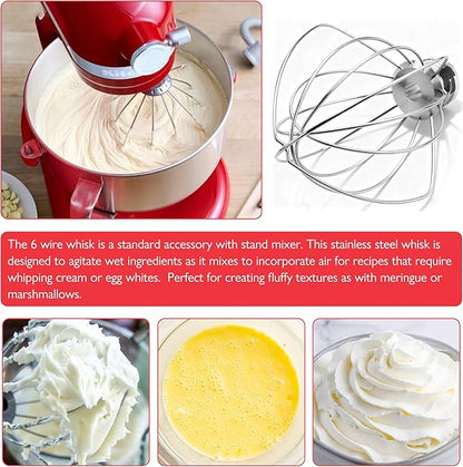 Stainless Steel Mixer Bowl and KN256 Whisk for Kitchenaid 6-7 Qt Bowl Lift Stand Mixer, Fit for KP26, KL26, KSM55/60/70 Ergonomic Handle, Polishesd Surface, Heavy Duty, with Scraper, Dishwasher Safe