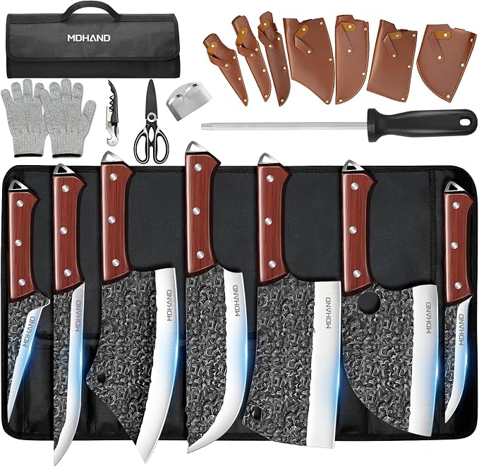 MDHAND Butcher Knife Set, Hand Forged Professional Chef Knife Set with Roll Bag, Sharp Meat Cleaver Knife & Bone Chopper Knives & Fillet Knife for Home Kitchen & Camping BBQ, Gifts for Men Women