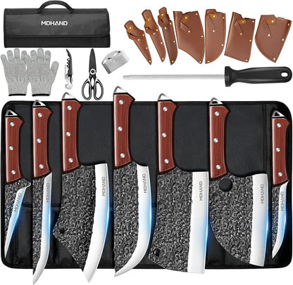 MDHAND Butcher Knife Set, Hand Forged Professional Chef Knife Set with Roll Bag, Sharp Meat Cleaver Knife & Bone Chopper Knives & Fillet Knife for Home Kitchen & Camping BBQ, Gifts for Men Women