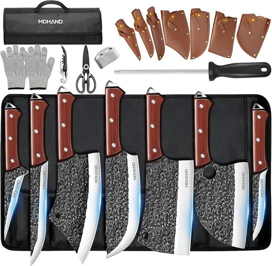 MDHAND Butcher Knife Set, Hand Forged Professional Chef Knife Set with Roll Bag, Sharp Meat Cleaver Knife & Bone Chopper Knives & Fillet Knife for Home Kitchen & Camping BBQ, Gifts for Men Women