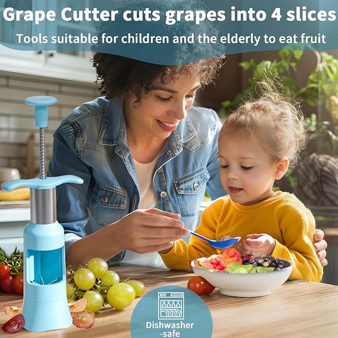 Newness Grape Cutter for Toddlers 1-3 with 2 Straw Brushes & 2 Types of Slicing Tomato Slicer Blueberry Cherry Grape Quarter Cutter Kitchen Gadgets for Salad Pasta Cake Decoration (Blue)