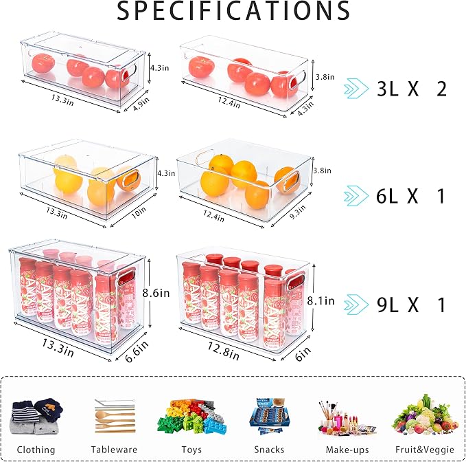 4 pack Stackable Fridge Drawers Pull-Out Bins Divided Produce Saver Containers for Refrigerator Storage Organizers for Veggie Fruit Berry Pantry Cabinet Makeup Clothes