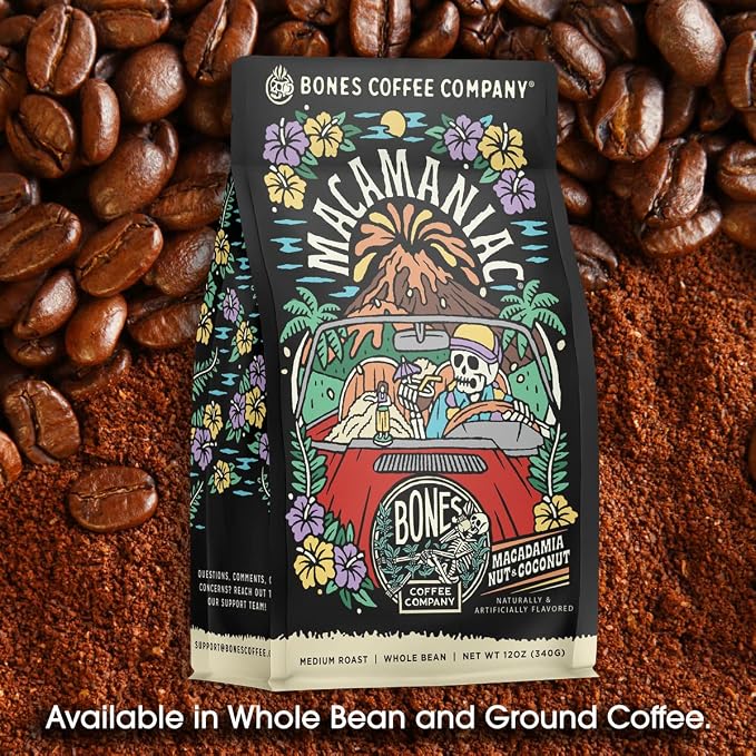 Bones Coffee Company Macamaniac, Macadamia and Coconut Flavored Coffee, Medium Roast Low Acid Arabica Beans Compatible with Auto drip and French Press Coffee Maker, 12 Oz Ground